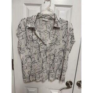 Cynthia Rowley 100% Linen Top Women's Large Botanical Leaf Print Collared V Neck